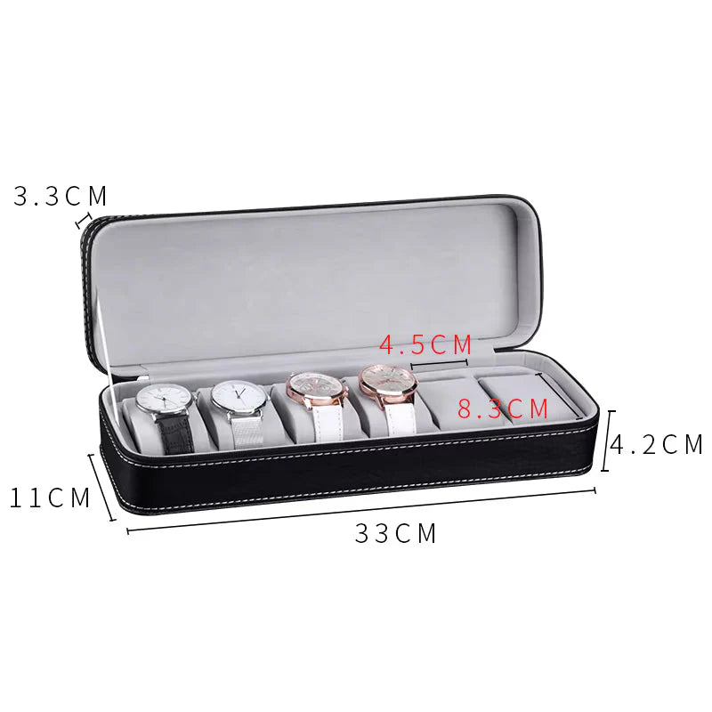 Watch Organizer Box - 6 Slot Holder with Removable Pillow, PU Leather Zippered Case for Men & Women, Travel Watch Storage