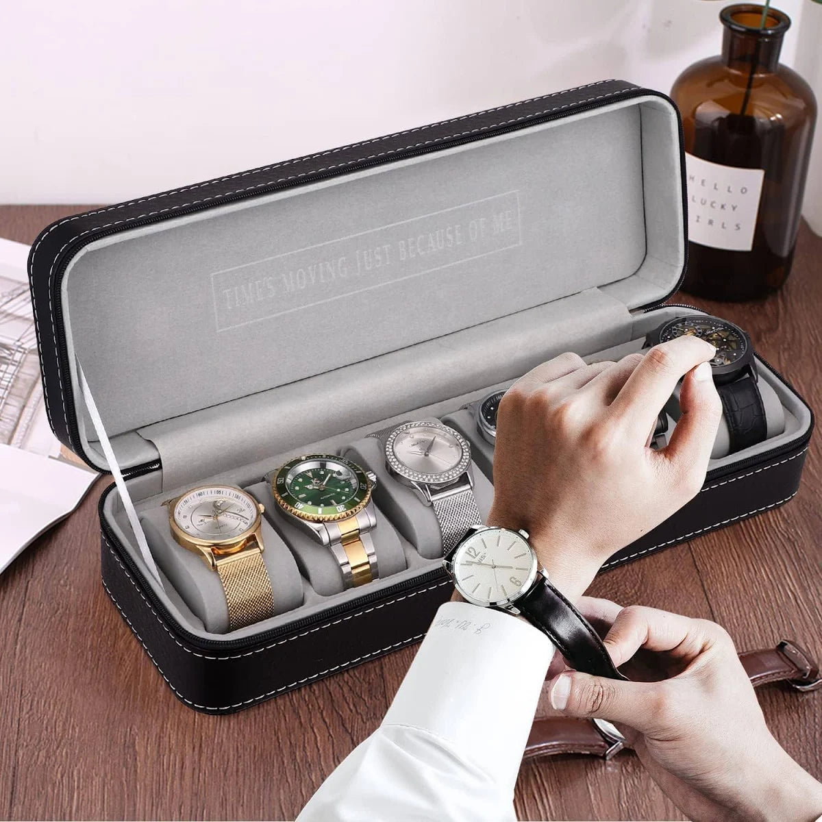 Watch Organizer Box - 6 Slot Holder with Removable Pillow, PU Leather Zippered Case for Men & Women, Travel Watch Storage
