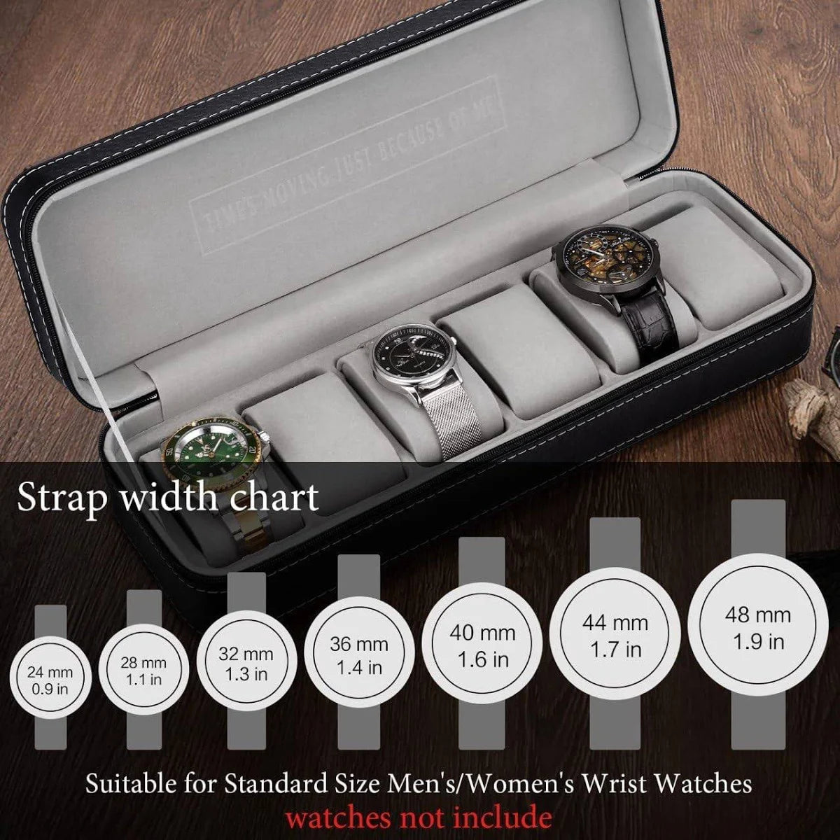 Watch Organizer Box - 6 Slot Holder with Removable Pillow, PU Leather Zippered Case for Men & Women, Travel Watch Storage