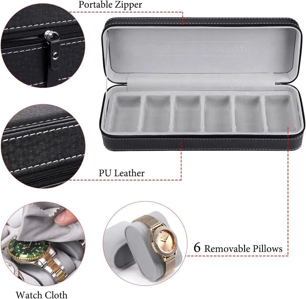 Watch Organizer Box - 6 Slot Holder with Removable Pillow, PU Leather Zippered Case for Men & Women, Travel Watch Storage