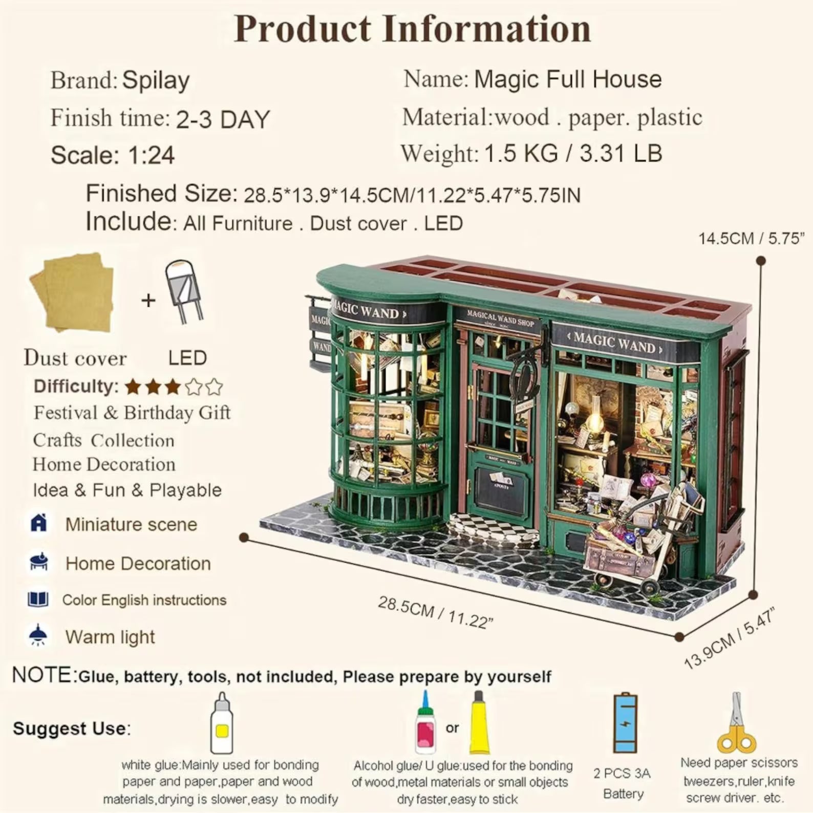 Spilay DIY Miniature Dollhouse Wooden Furniture Kit,Handmade Mini Modern Model Plus with Dust Cover & LED,1:24 Scale Creative Doll House for Lover Friend Gift (Magic House)