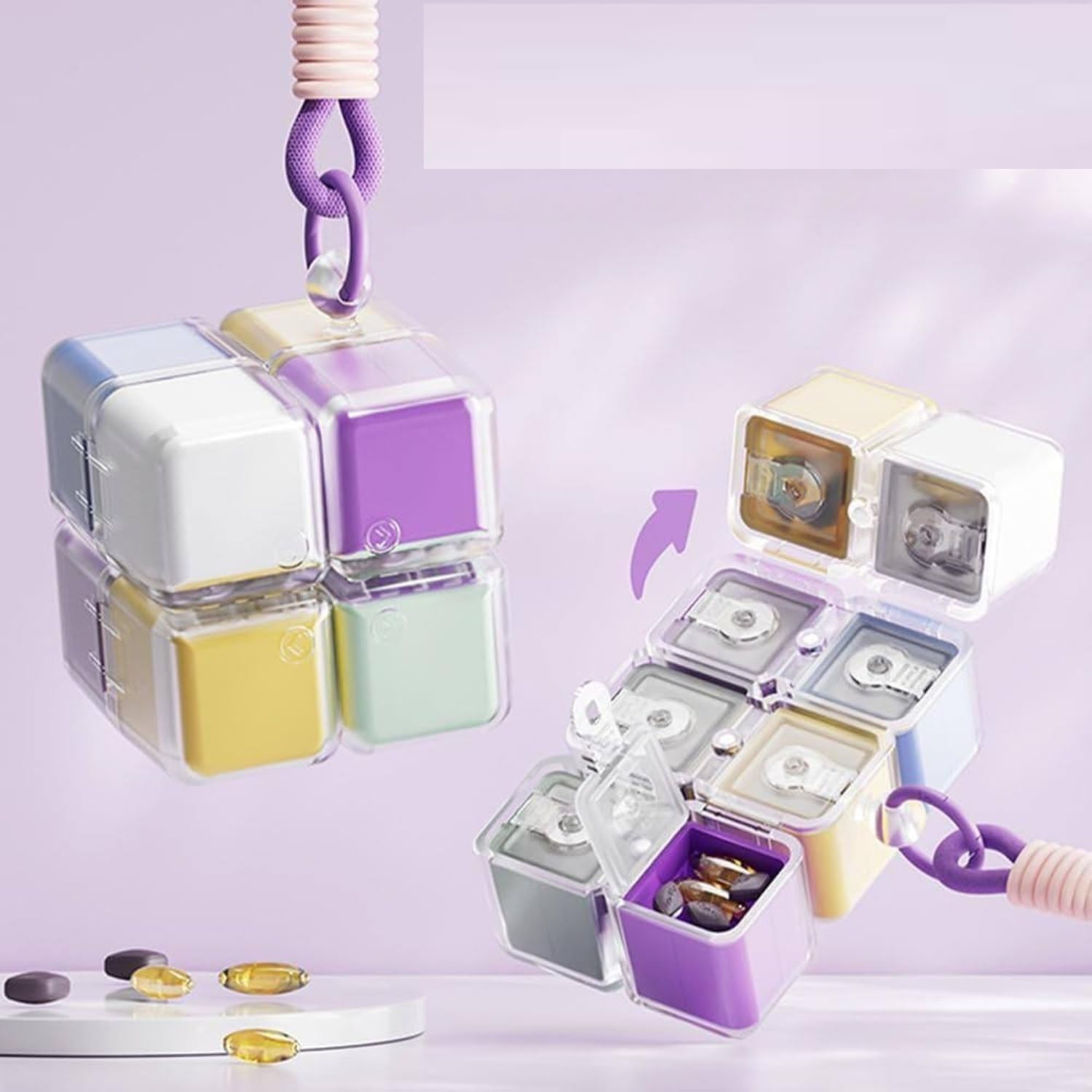 Magnetic Pill Organizer Cube Pill Box Keychain Magnetic Cube Medicine Organizer for Travel & Daily Use Portable Mini Pill Holder with Key Ring Secure Storage for Tablets & Vitamins Daily use All Key Ring. Secondary image