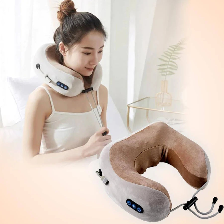 ZYOZ Rechargeable U-Shaped Travel Neck Massage Pillow | Three Speed Intensity Modes | Therapeutic Vibration | Cervical Pain Relief | Deep Kneading Massage | Memory Foam Main image