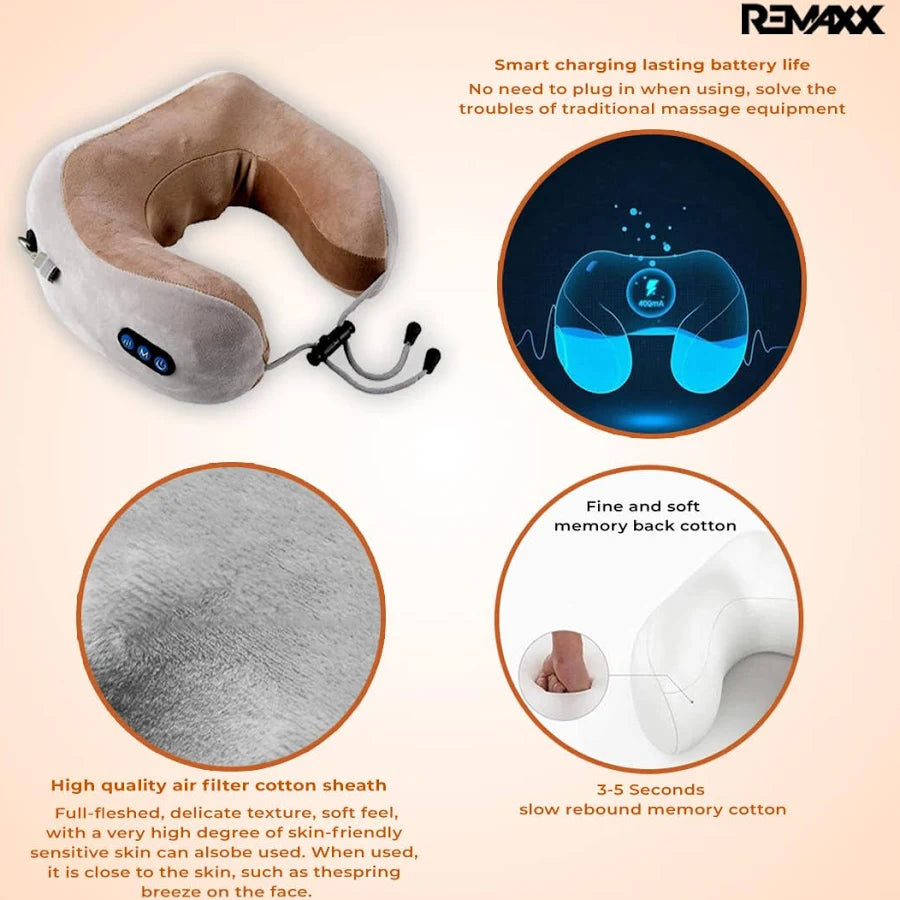 Rechargeble U-Shaped Travel Neck Massage Pillow | Three Speed Intensity Modes | Therapeutic Vibration | Cervical Pain Relief | Deep Kneading Massage | Memory Foam