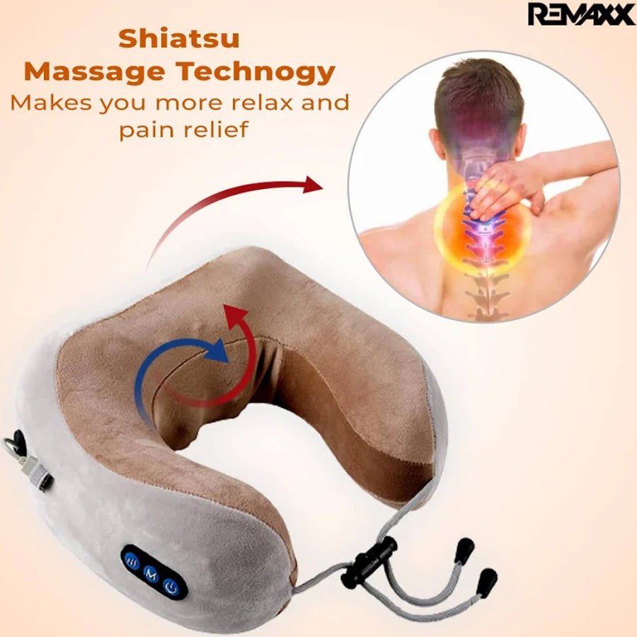 Rechargeble U-Shaped Travel Neck Massage Pillow | Three Speed Intensity Modes | Therapeutic Vibration | Cervical Pain Relief | Deep Kneading Massage | Memory Foam