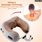 Rechargeble U-Shaped Travel Neck Massage Pillow | Three Speed Intensity Modes | Therapeutic Vibration | Cervical Pain Relief | Deep Kneading Massage | Memory Foam