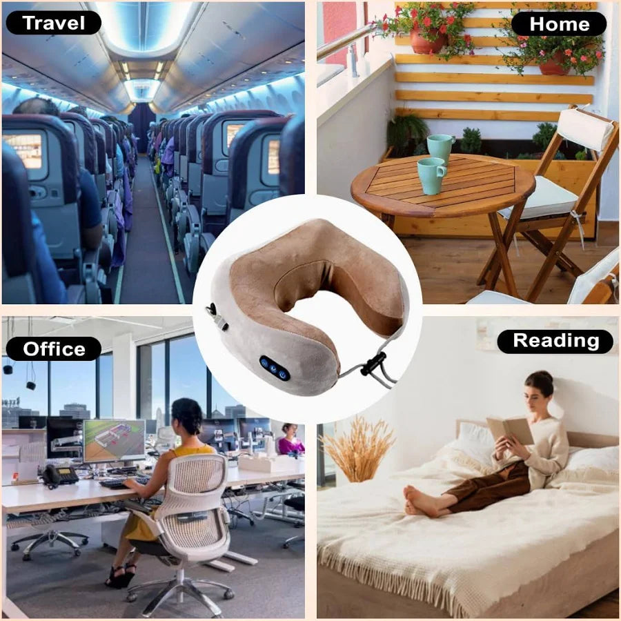 Rechargeble U-Shaped Travel Neck Massage Pillow | Three Speed Intensity Modes | Therapeutic Vibration | Cervical Pain Relief | Deep Kneading Massage | Memory Foam