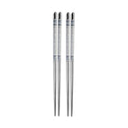 Stainless Steel Chopsticks Reusable – Blue & White Porcelain Print, Flat Long Handle Metal Chopsticks for Home, Kitchen & Restaurant Use Silve