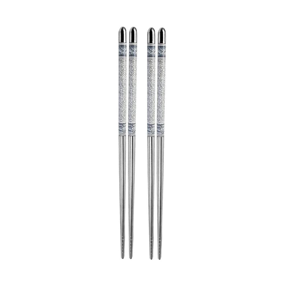 Stainless Steel Chopsticks Reusable – Blue & White Porcelain Print, Flat Long Handle Metal Chopsticks for Home, Kitchen & Restaurant Use Silve