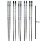 Stainless Steel Chopsticks Reusable – Blue & White Porcelain Print, Flat Long Handle Metal Chopsticks for Home, Kitchen & Restaurant Use Silve