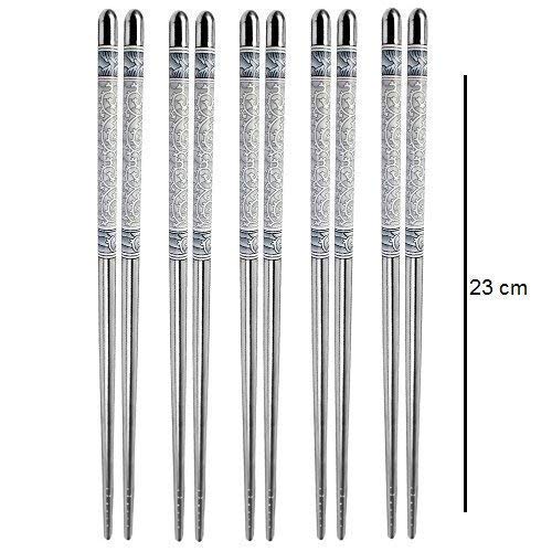 Stainless Steel Chopsticks Reusable – Blue & White Porcelain Print, Flat Long Handle Metal Chopsticks for Home, Kitchen & Restaurant Use Silve