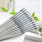 Stainless Steel Chopsticks Reusable – Blue & White Porcelain Print, Flat Long Handle Metal Chopsticks for Home, Kitchen & Restaurant Use Silve