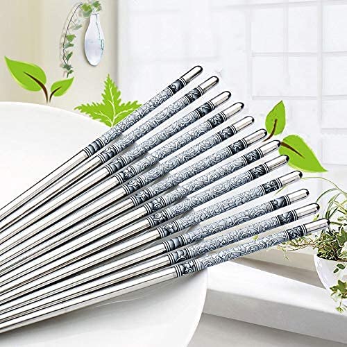 Stainless Steel Chopsticks Reusable – Blue & White Porcelain Print, Flat Long Handle Metal Chopsticks for Home, Kitchen & Restaurant Use Silve