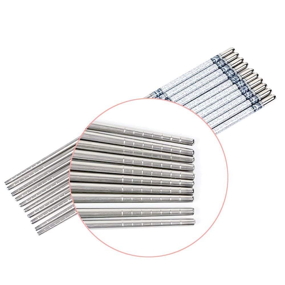 Stainless Steel Chopsticks Reusable – Blue & White Porcelain Print, Flat Long Handle Metal Chopsticks for Home, Kitchen & Restaurant Use Silve