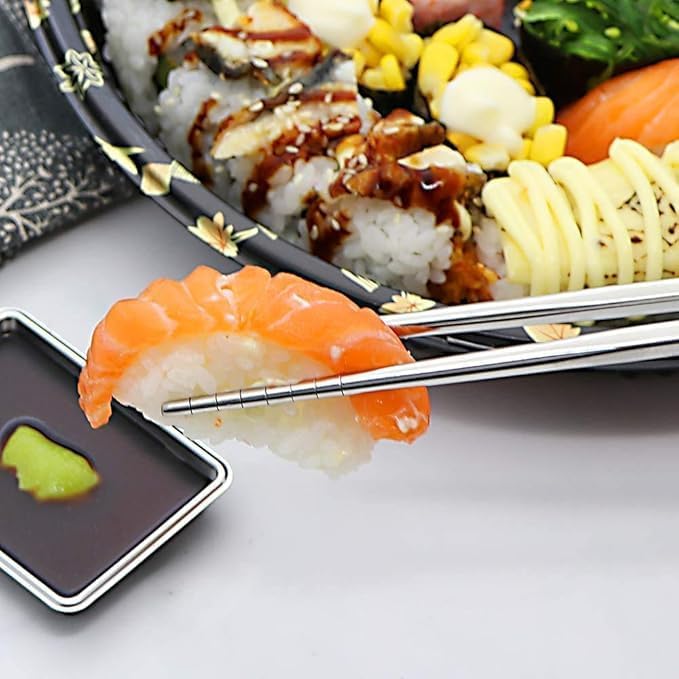 Stainless Steel Chopsticks Reusable – Blue & White Porcelain Print, Flat Long Handle Metal Chopsticks for Home, Kitchen & Restaurant Use Silve