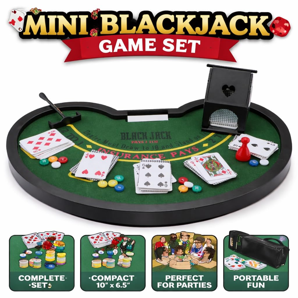 Mini Blackjack Game Set for Adults & Kids – Portable Casino Tabletop Black Jack Board with Cards, Chips, Dealer Shoe & Accessories | Compact 10" x 6.5" x 1.6" Table for Home Party & Travel Fun