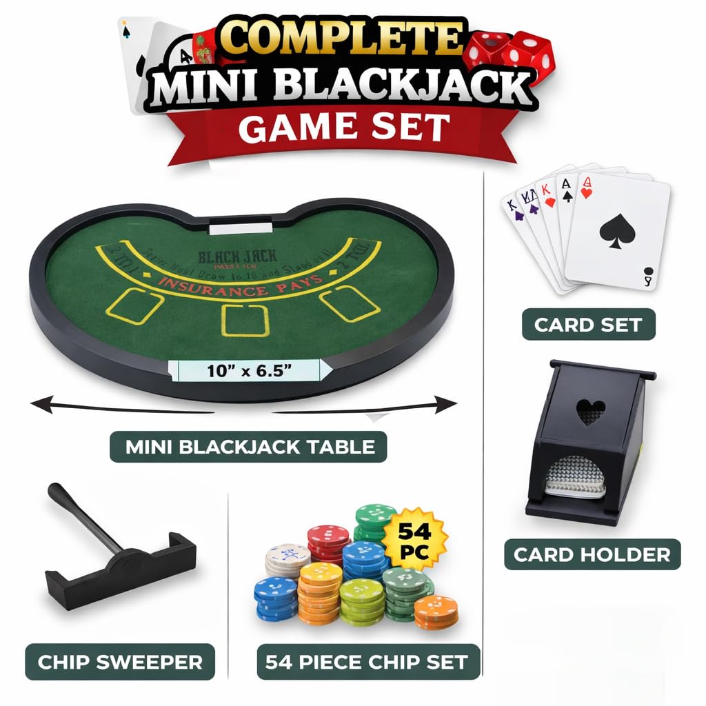 Mini Blackjack Game Set for Adults & Kids – Portable Casino Tabletop Black Jack Board with Cards, Chips, Dealer Shoe & Accessories | Compact 10" x 6.5" x 1.6" Table for Home Party & Travel Fun