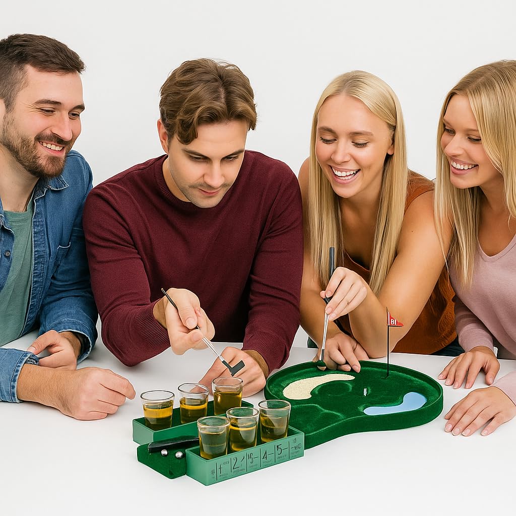 Putt Sip Mini Golf Drinking Game Set for Adults Portable Indoor/Outdoor Realistic Putting Green with Metal Shot Glasses, Golf Balls Clubs Fun Party Games for Golf Lovers, Nights Social Gatherings
