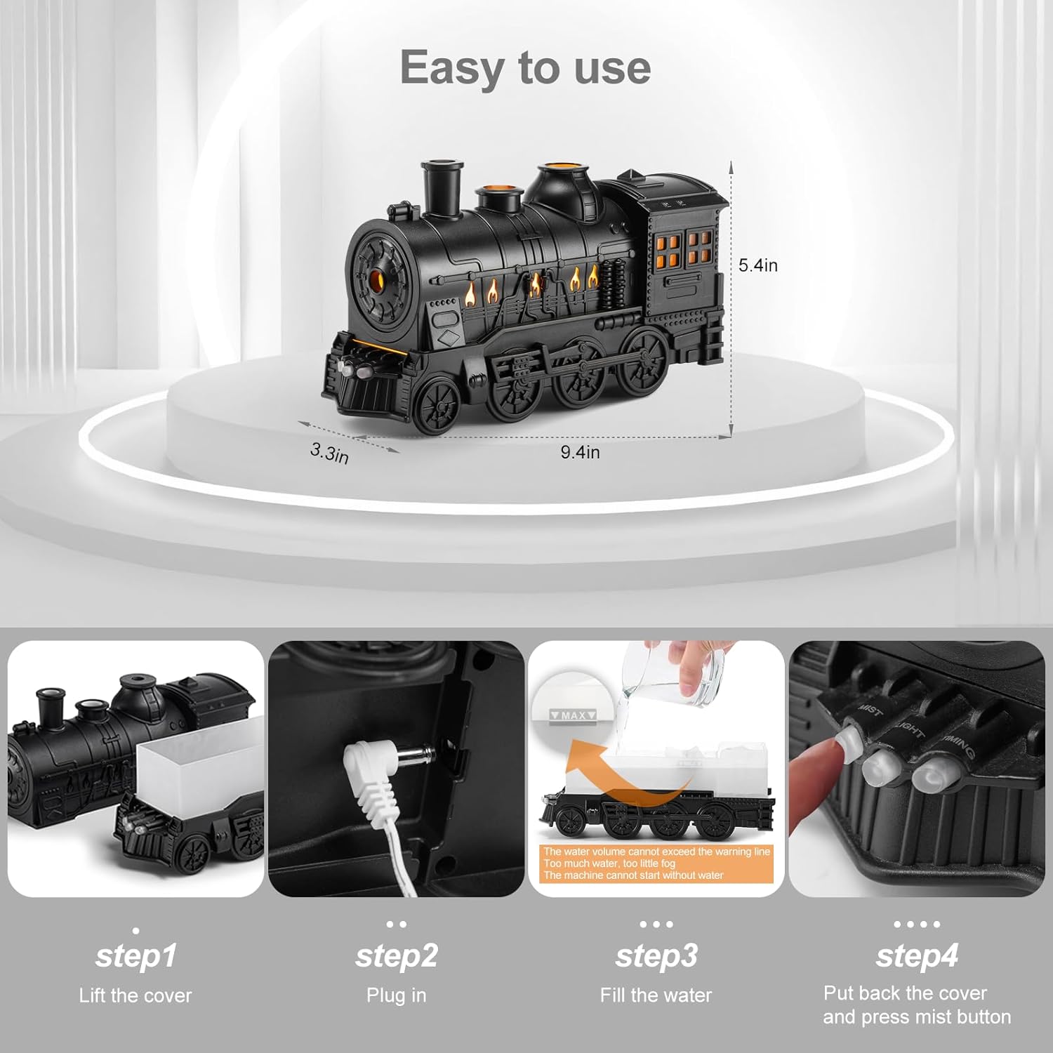 Essential Oil Diffuser, 300ml Train Diffusers for Essential Oils Large Room,Aromatherapy Diffuser Cool Mist with 2 Light 2 Mist Mode Auto Shut-Off for Home Office Hotel