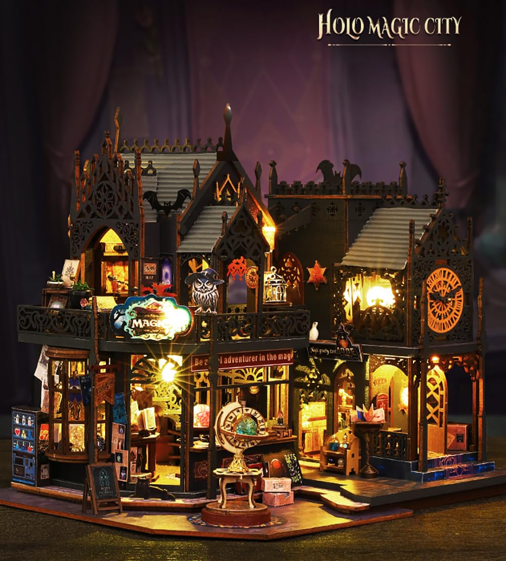 ZYOZ DIY Miniature Dollhouse Kit Magic Castle,Tiny House to Build Live in,Mini Handmade Unzip 3D Wooden Puzzle Furnishing Decor Model with Dust Cover and Music(ES012-Holo Magic City) Secondary image