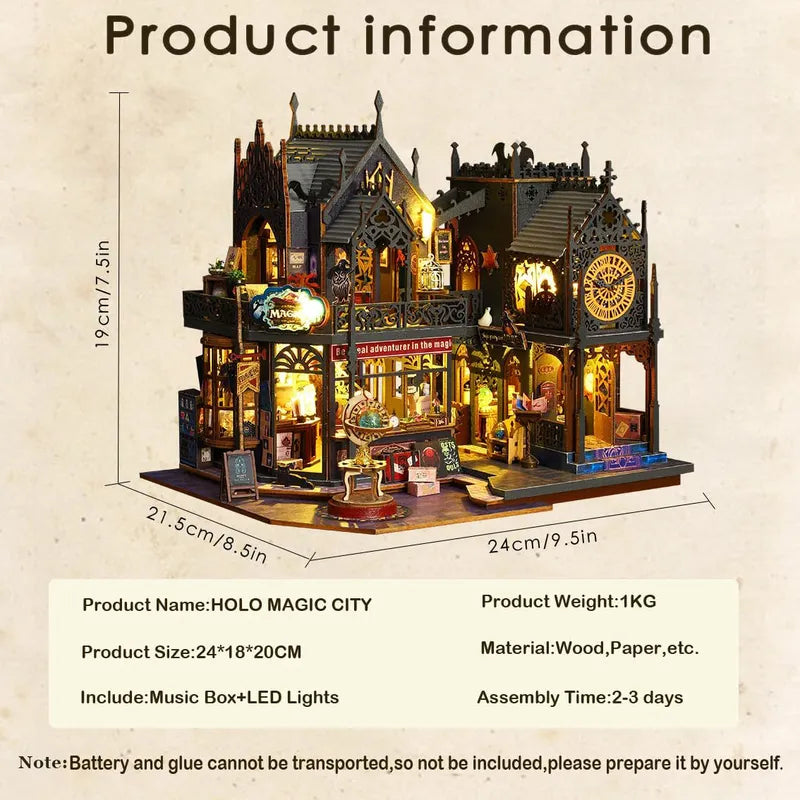 DIY Miniature Dollhouse Kit Magic Castle,Tiny House to Build Live in,Mini Handmade Unzip 3D Wooden Puzzle Furnishing Decor Model with Dust Cover and Music(ES012-Holo Magic City)