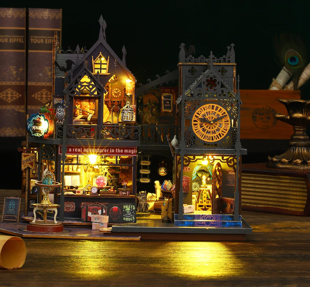 DIY Miniature Dollhouse Kit Magic Castle,Tiny House to Build Live in,Mini Handmade Unzip 3D Wooden Puzzle Furnishing Decor Model with Dust Cover and Music(ES012-Holo Magic City)