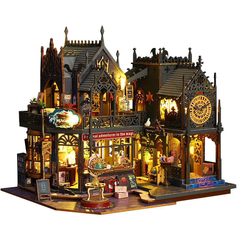 ZYOZ DIY Miniature Dollhouse Kit Magic Castle,Tiny House to Build Live in,Mini Handmade Unzip 3D Wooden Puzzle Furnishing Decor Model with Dust Cover and Music(ES012-Holo Magic City) Main image