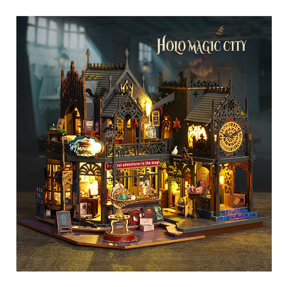 DIY Miniature Dollhouse Kit Magic Castle,Tiny House to Build Live in,Mini Handmade Unzip 3D Wooden Puzzle Furnishing Decor Model with Dust Cover and Music(ES012-Holo Magic City)