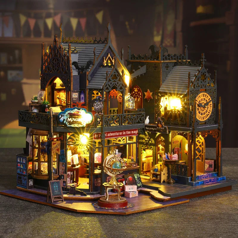 DIY Miniature Dollhouse Kit Magic Castle,Tiny House to Build Live in,Mini Handmade Unzip 3D Wooden Puzzle Furnishing Decor Model with Dust Cover and Music(ES012-Holo Magic City)
