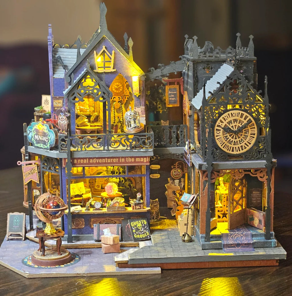 DIY Miniature Dollhouse Kit Magic Castle,Tiny House to Build Live in,Mini Handmade Unzip 3D Wooden Puzzle Furnishing Decor Model with Dust Cover and Music(ES012-Holo Magic City)