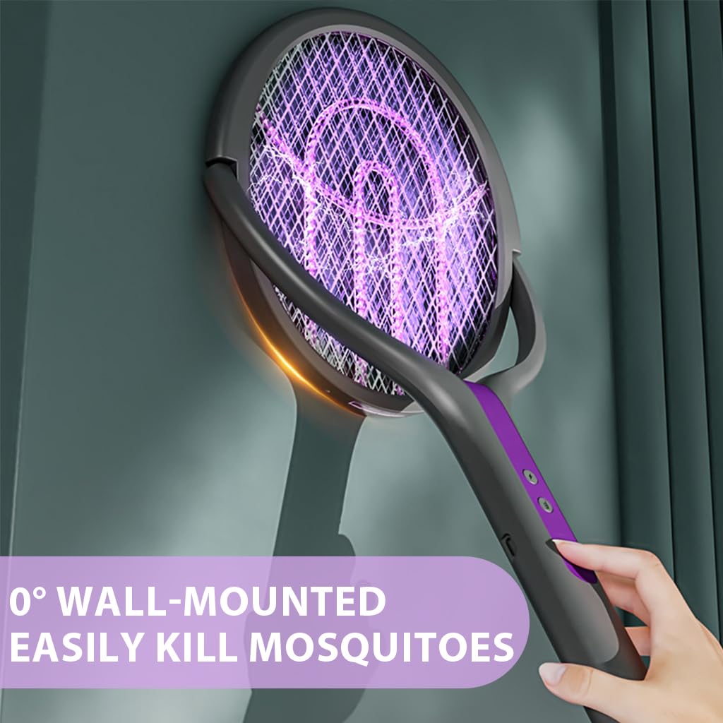 2 in 1 Advanced Mosquito Killer Racket with Extension Handle and High-Voltage Rotatory Grid Head, Mosquito Bat with Mosquito Luring Light & Safety Lock