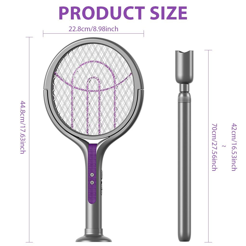 2 in 1 Advanced Mosquito Killer Racket with Extension Handle and High-Voltage Rotatory Grid Head, Mosquito Bat with Mosquito Luring Light & Safety Lock