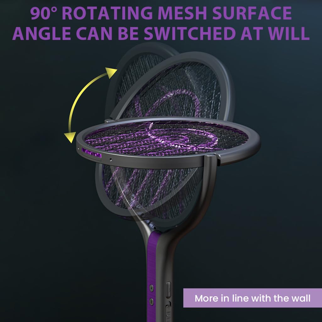 2 in 1 Advanced Mosquito Killer Racket with Extension Handle and High-Voltage Rotatory Grid Head, Mosquito Bat with Mosquito Luring Light & Safety Lock