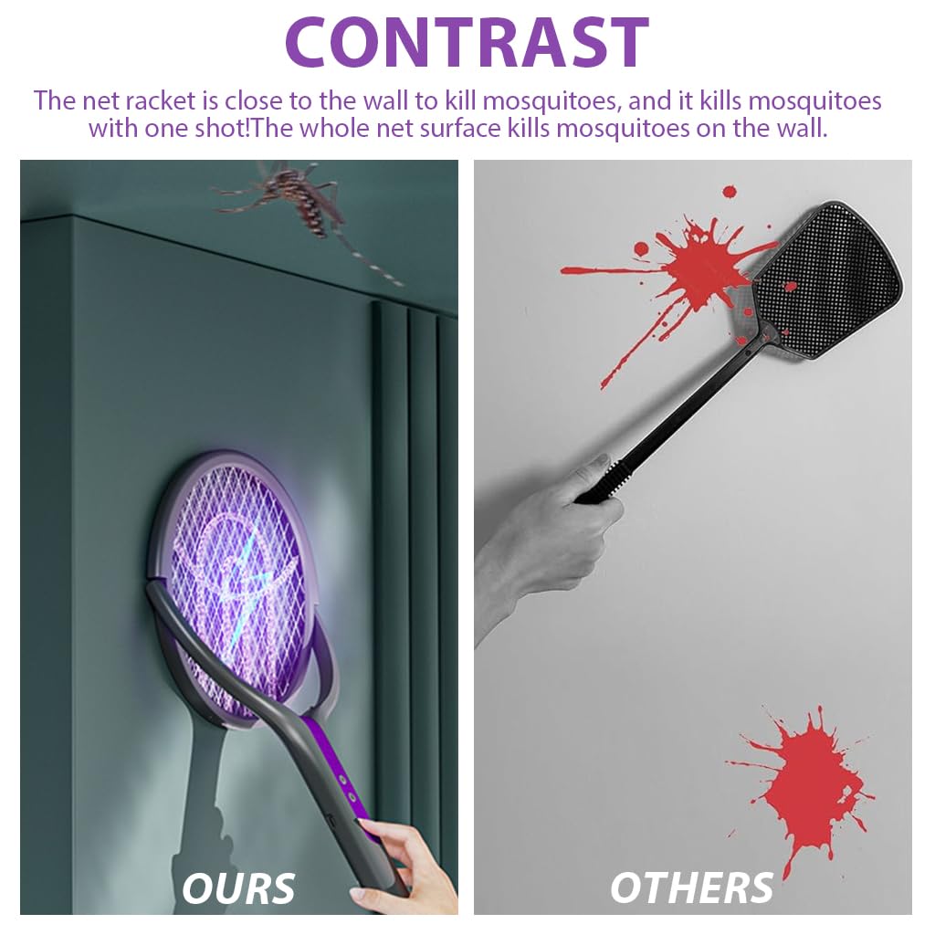 2 in 1 Advanced Mosquito Killer Racket with Extension Handle and High-Voltage Rotatory Grid Head, Mosquito Bat with Mosquito Luring Light & Safety Lock