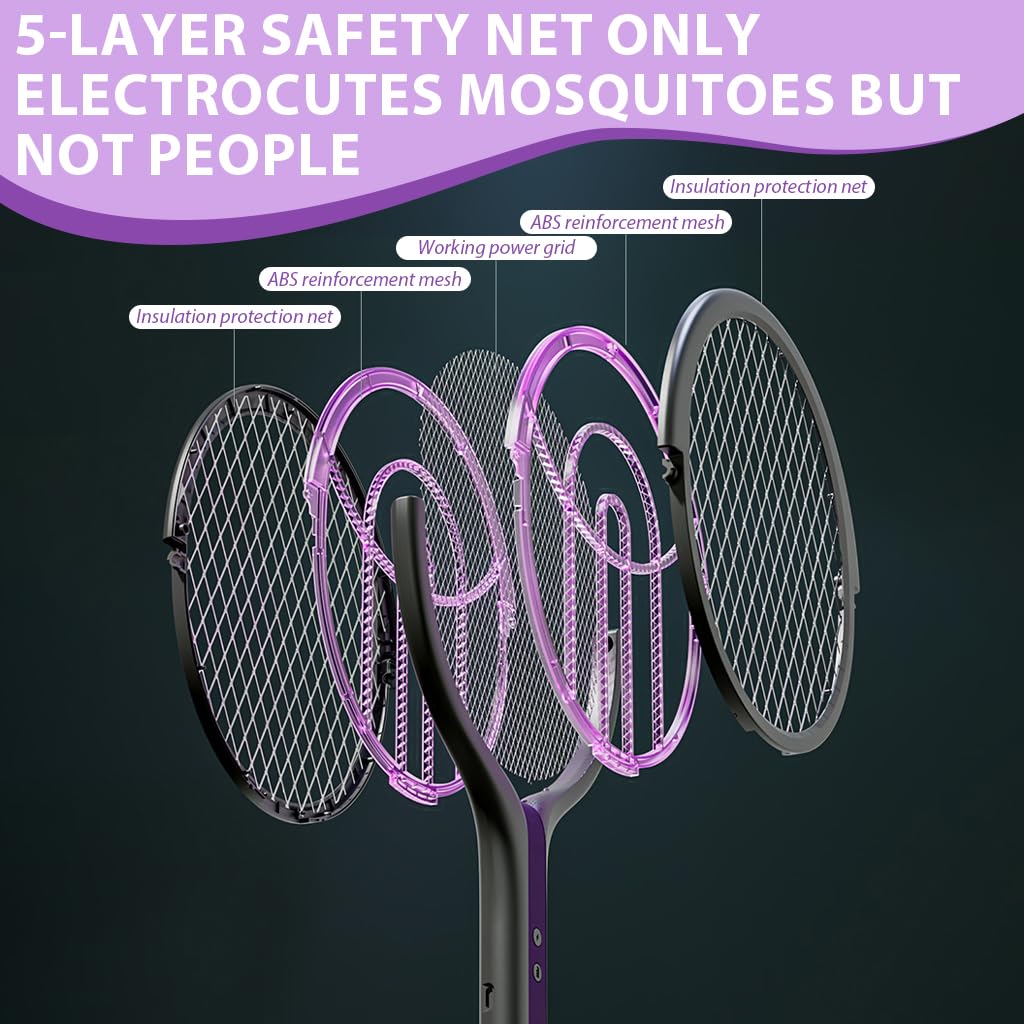 2 in 1 Advanced Mosquito Killer Racket with Extension Handle and High-Voltage Rotatory Grid Head, Mosquito Bat with Mosquito Luring Light & Safety Lock