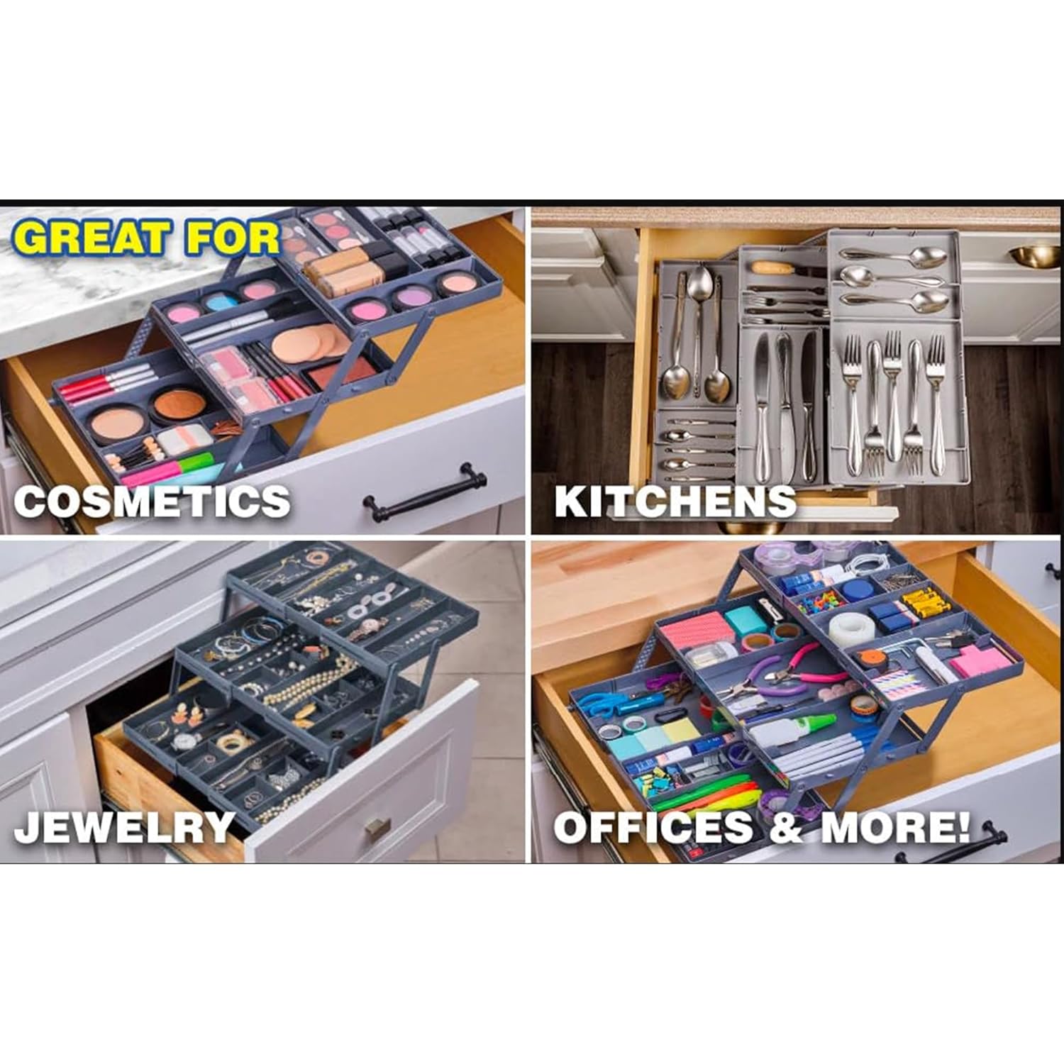 3 Tier Expandable Drawer Organizer Rack – Makeup Organizer Box, Stationary Organizer Storage Box, Office Drawer Storage, Kitchen Drawer Storage | 3 Layer Room Storage Organizer