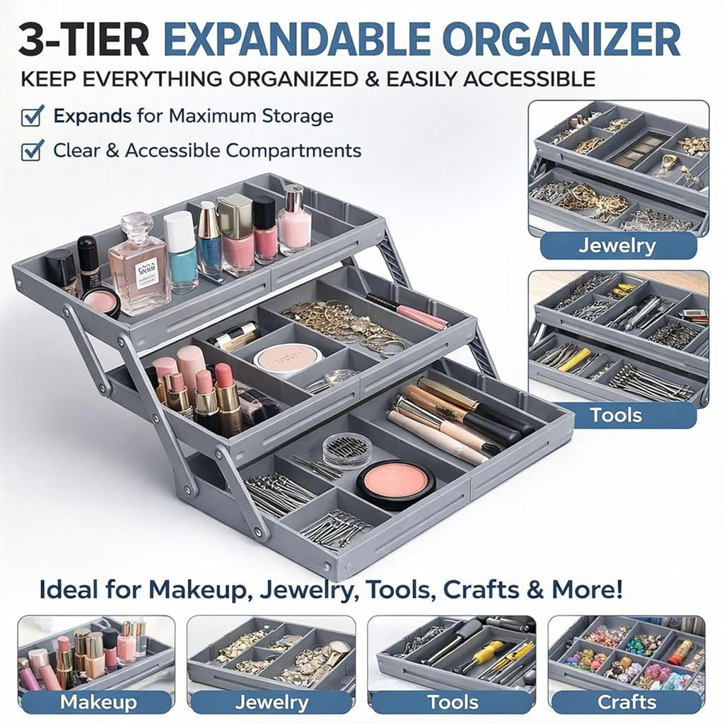 3 Tier Expandable Drawer Organizer Rack – Makeup Organizer Box, Stationary Organizer Storage Box, Office Drawer Storage, Kitchen Drawer Storage | 3 Layer Room Storage Organizer