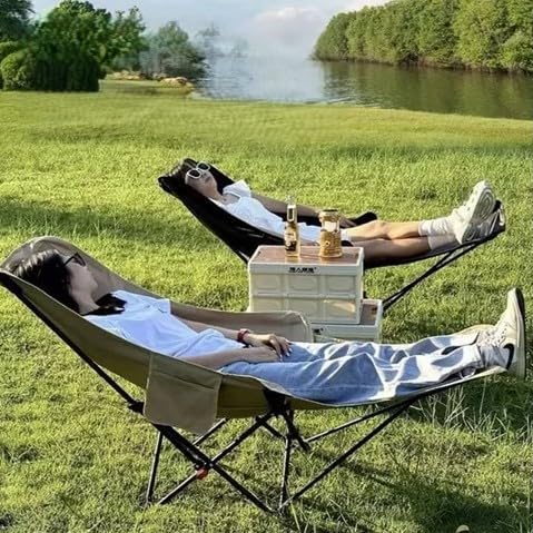 Portable Camping Chair Folding Lounge Chair Outdoor Reclining Chair Lightweight Foldable Beach Lounge Chair Heavy Duty Metal Frame Compact Travel Recliner for Garden Lawn Picnic