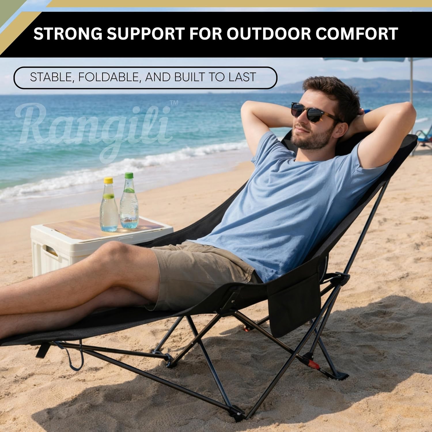 ZYOZ Portable Camping Chair Folding Lounge Chair Outdoor Reclining Chair Lightweight Foldable Beach Lounge Chair Heavy Duty Metal Frame Compact Travel Recliner for Garden Lawn Picnic Secondary image