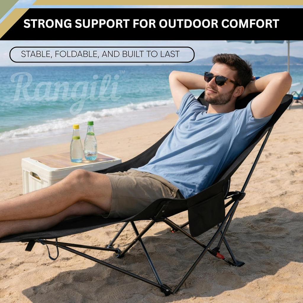Portable Camping Chair Folding Lounge Chair Outdoor Reclining Chair Lightweight Foldable Beach Lounge Chair Heavy Duty Metal Frame Compact Travel Recliner for Garden Lawn Picnic
