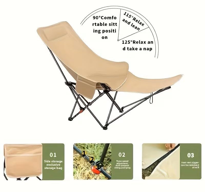 Portable Camping Chair Folding Lounge Chair Outdoor Reclining Chair Lightweight Foldable Beach Lounge Chair Heavy Duty Metal Frame Compact Travel Recliner for Garden Lawn Picnic