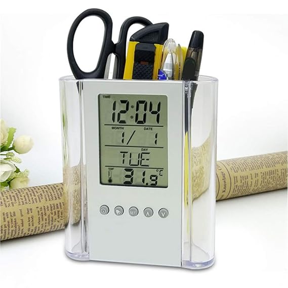 ZYOZ Digital Desk Clock with Pen Holder – Multifunctional LED Display with Time, Date, Temperature, Alarm & Calendar – Modern Office Table Organizer Main image