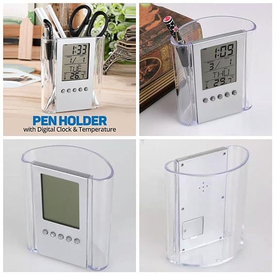 Digital Desk Clock with Pen Holder – Multifunctional LED Display with Time, Date, Temperature, Alarm & Calendar – Modern Office Table Organizer