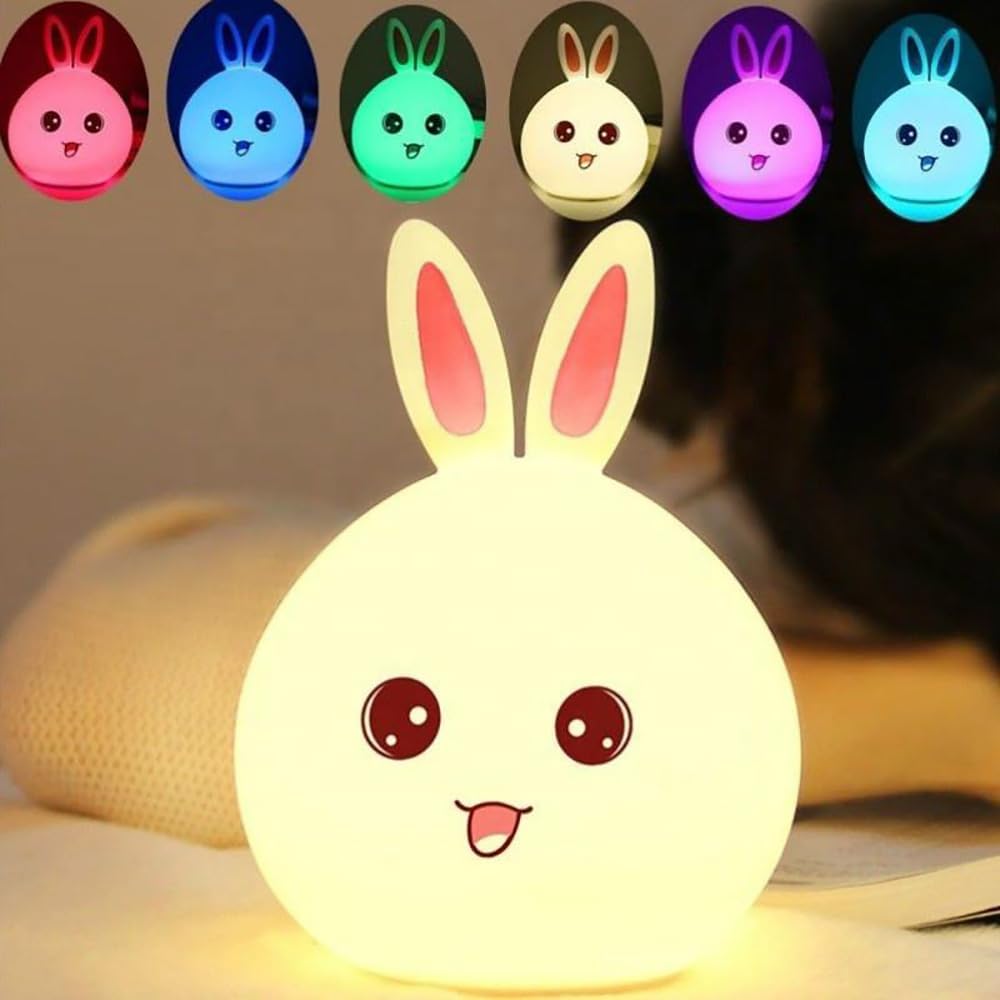 ZYOZ Big Face Rabbit Silicone Night Light: Color-Changing Led Lamp with Touch Sensor Control,USB Rechargeable-Ideal for Kids' Bedroom Decor,White Secondary image