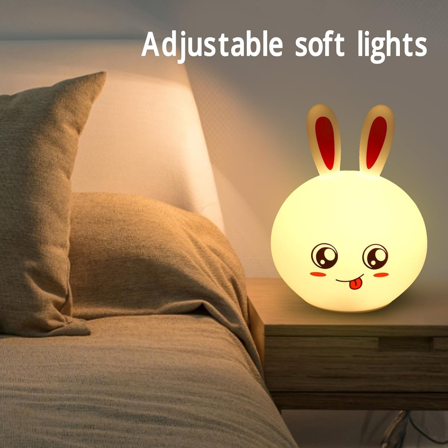 Big Face Rabbit Silicone Night Light: Color-Changing Led Lamp with Touch Sensor Control,USB Rechargeable-Ideal for Kids' Bedroom Decor,White Secondary image