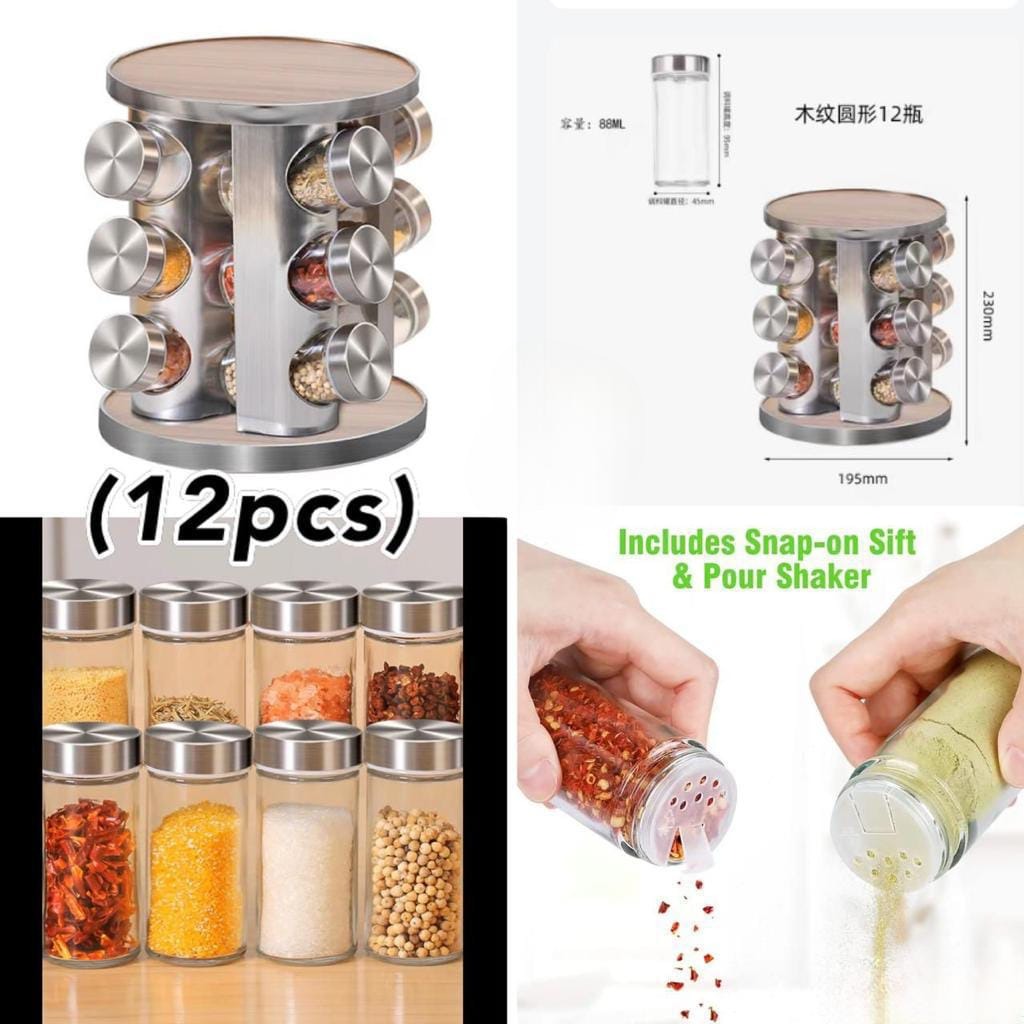 ZYOZ Spice Rack 12 Jars Revolving Spice rack, Spice Organiser Tower, Spice Carousel Stand Holder Stainless Steel Top Glass Jars for Kitchen 1pcs