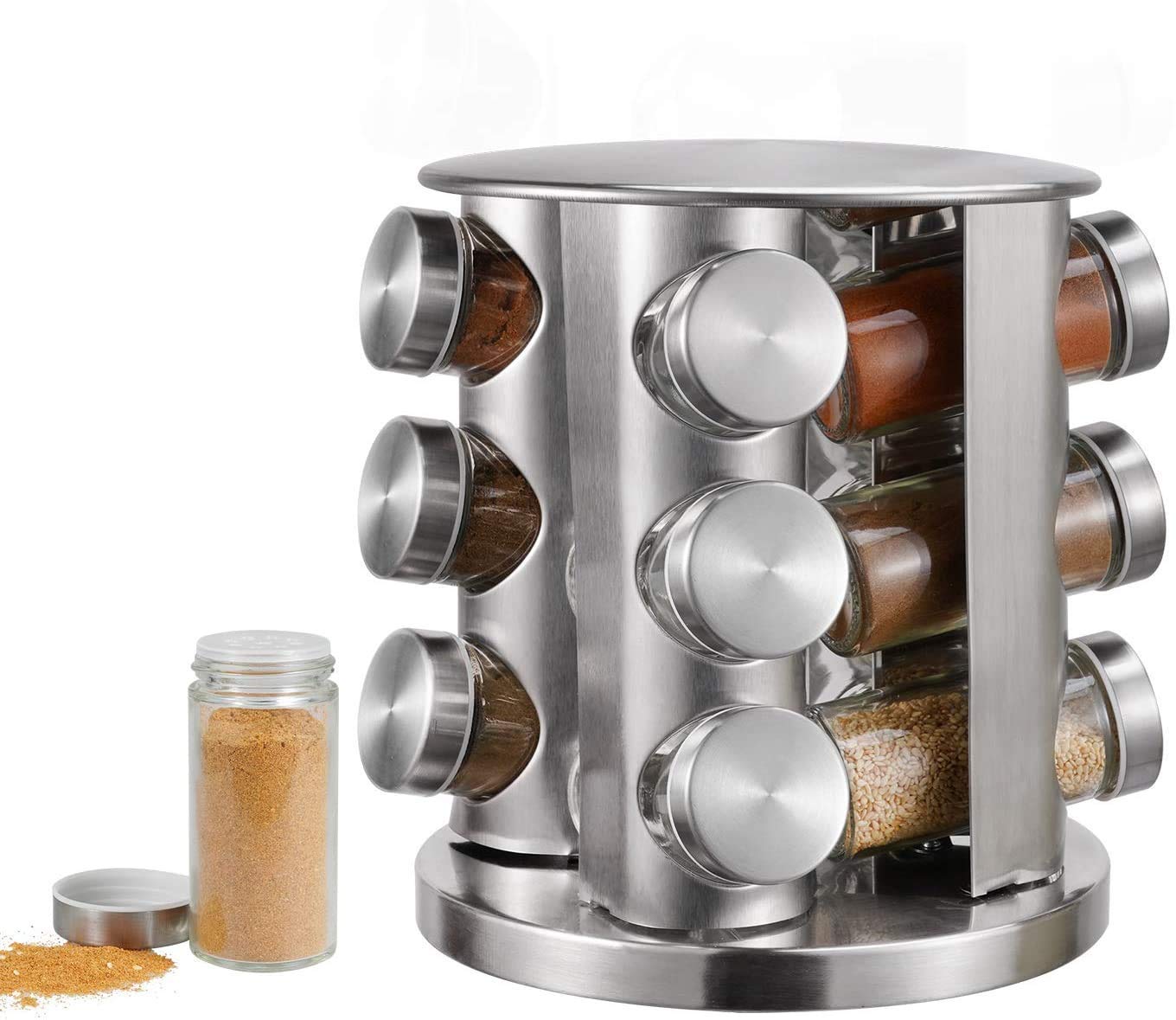 ZYOZ Spice Rack 12 Jars Revolving Spice rack, Spice Organiser Tower, Spice Carousel Stand Holder Stainless Steel Top Glass Jars for Kitchen 1pcs Main image