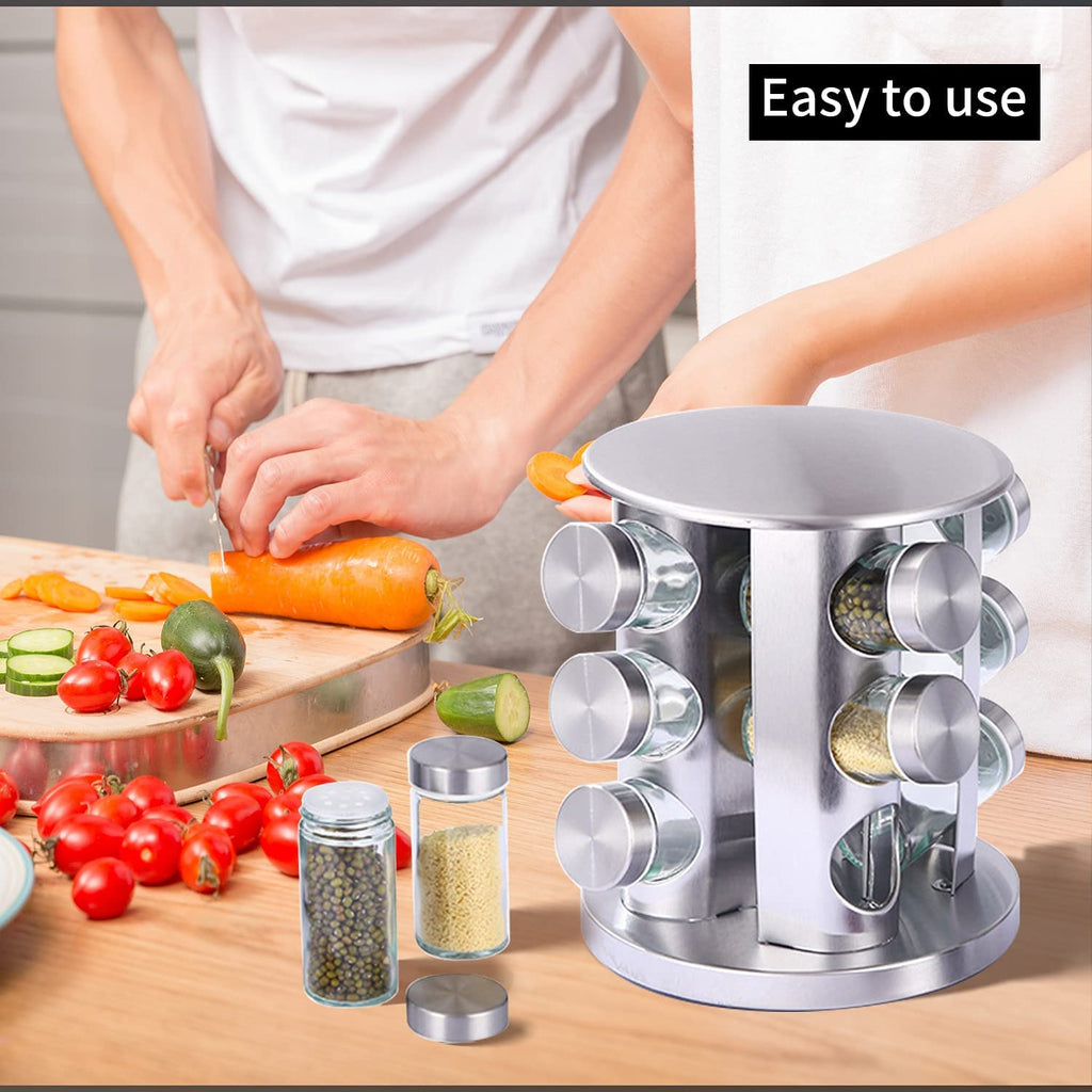 ZYOZ Spice Rack 12 Jars Revolving Spice rack, Spice Organiser Tower, Spice Carousel Stand Holder Stainless Steel Top Glass Jars for Kitchen 1pcs