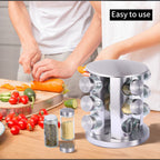 ZYOZ Spice Rack 12 Jars Revolving Spice rack, Spice Organiser Tower, Spice Carousel Stand Holder Stainless Steel Top Glass Jars for Kitchen 1pcs