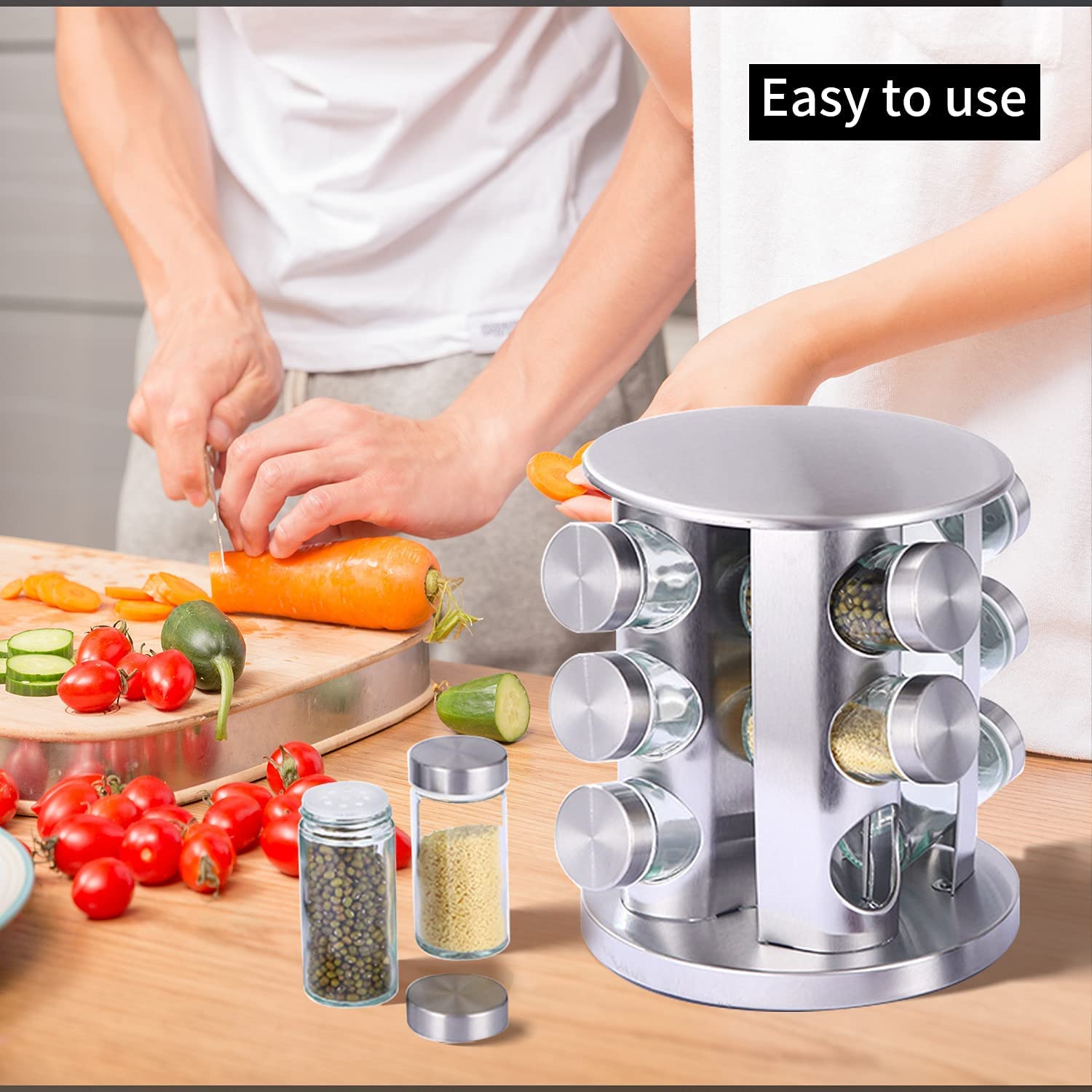 ZYOZ Spice Rack 12 Jars Revolving Spice rack, Spice Organiser Tower, Spice Carousel Stand Holder Stainless Steel Top Glass Jars for Kitchen 1pcs